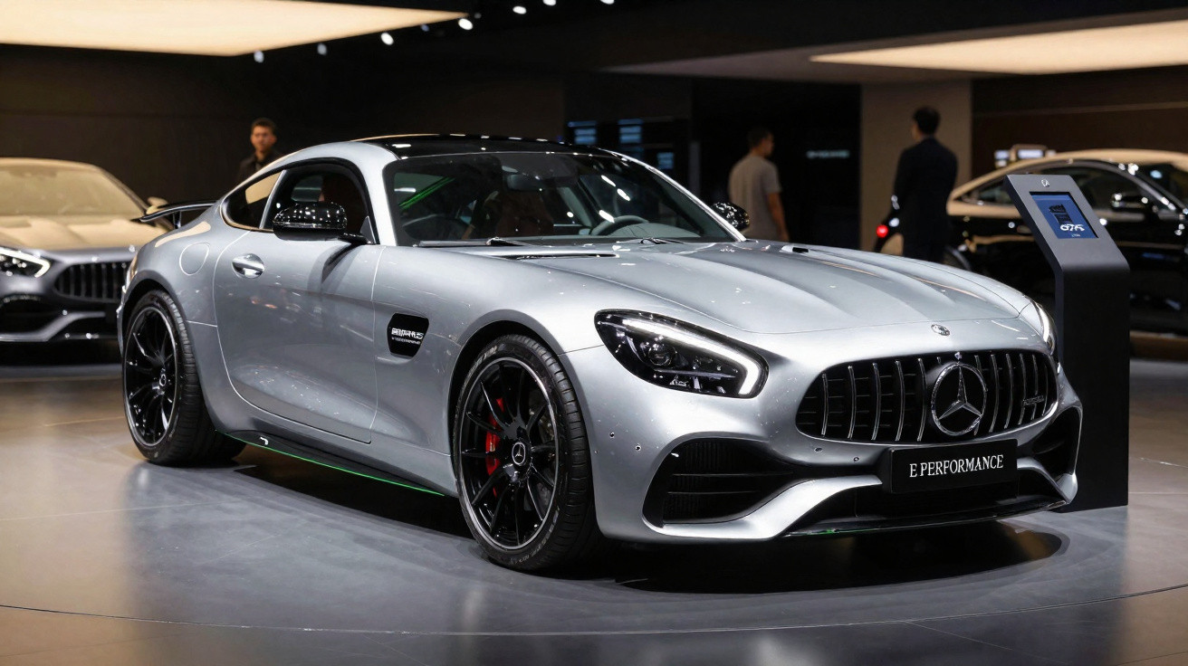 Carro desportivo Mercedes-Benz prata exposto em salão automóvel com detalhes em verde e rodas pretas.