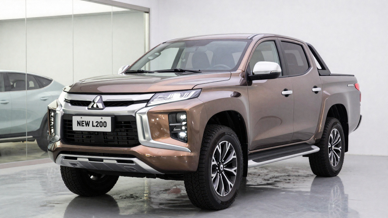 Pick-up Mitsubishi New L200 cinzenta exhibida em stand moderno com jantes de liga leve e faróis LED.
