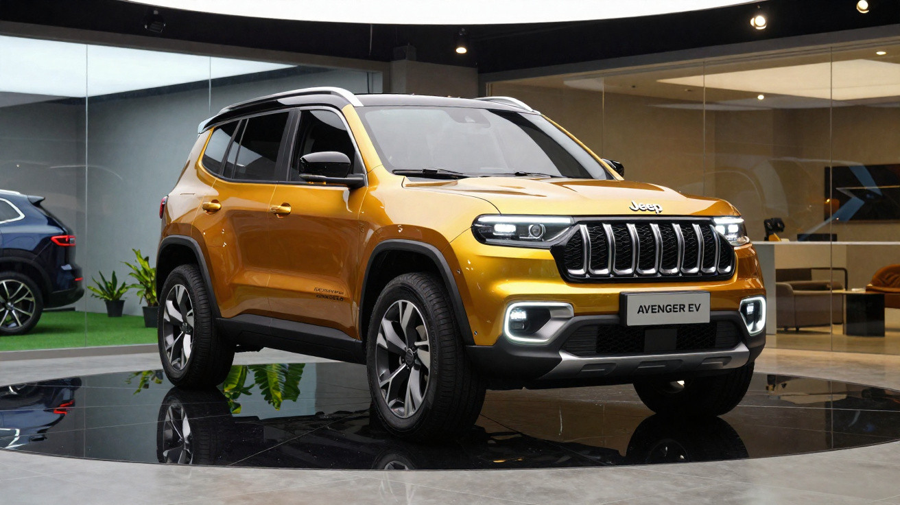 SUV Jeep Avenger EV cor dourada exposto numa sala moderna com tetos altos e iluminação branca.