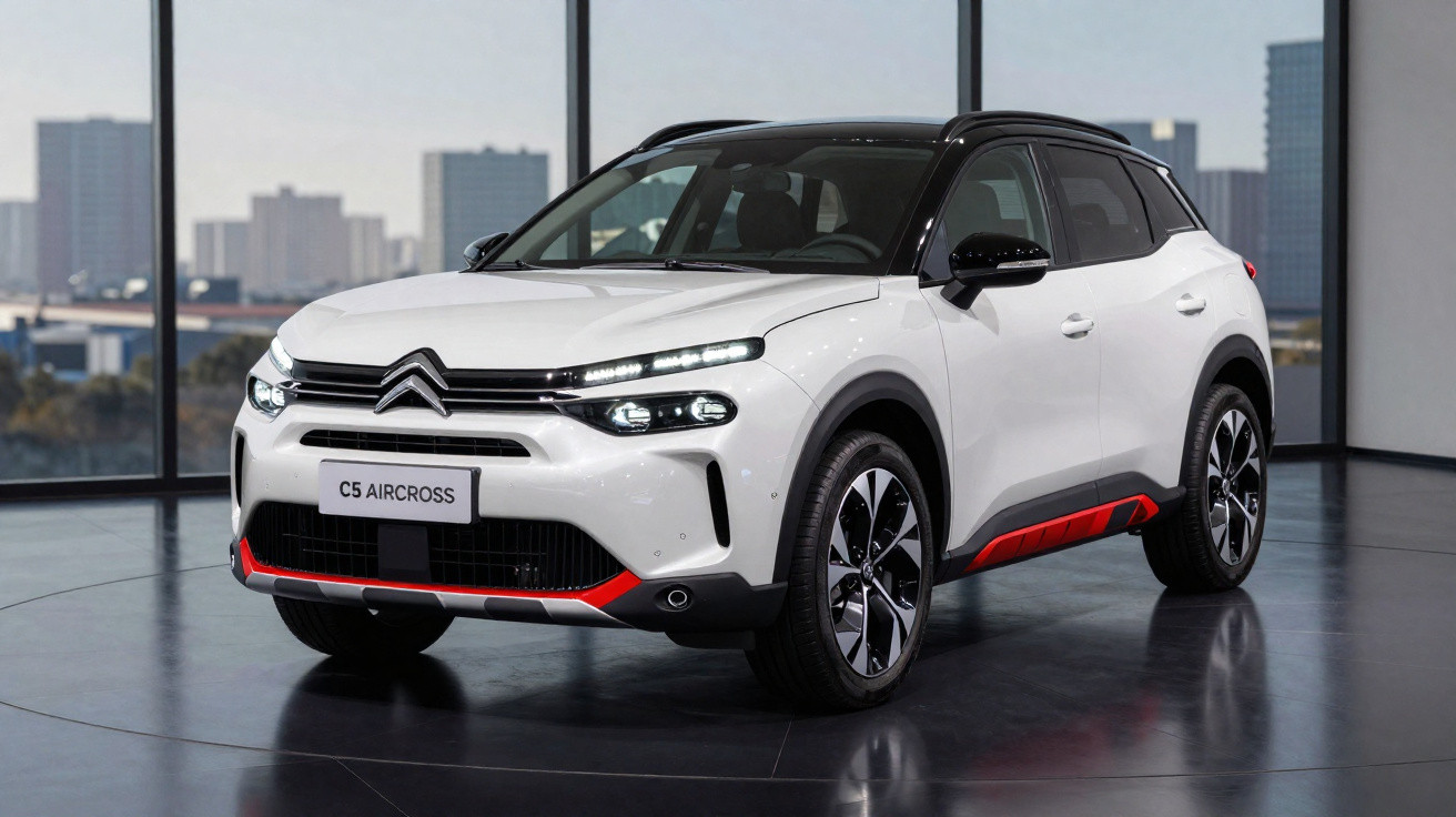 Automóvel Citroën C5 Aircross branco com detalhes vermelhos em showroom moderno com janelas amplas.