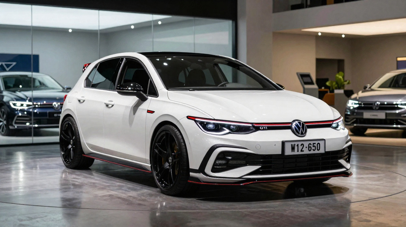 Carro Volkswagen Golf GTD branco com detalhes vermelhos em showroom moderno e iluminado.