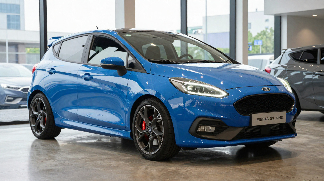 Ford Fiesta ST-Line azul estacionado numa garagem com grandes janelas de vidro.