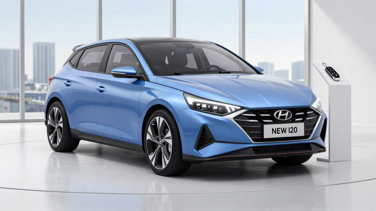 Automóvel Hyundai New i20 azul estacionado numa sala moderna com janelas amplas ao fundo.
