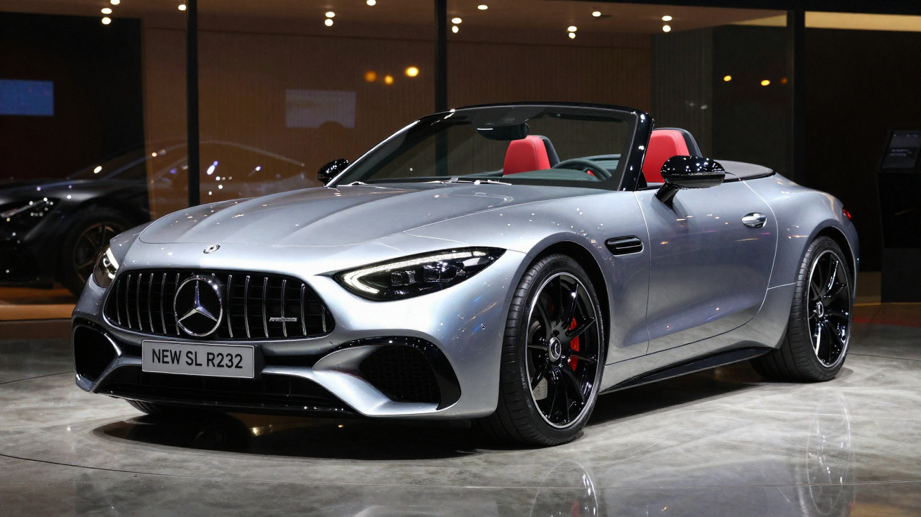 Carro descapotável Mercedes-Benz prata com interior vermelho em exposição interior, modelo New SL R232.