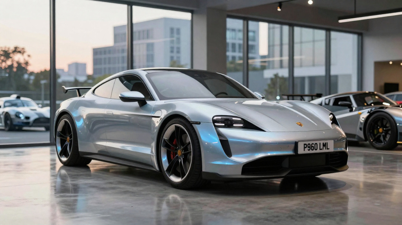 Carro desportivo prata Porsche 918 estacionado em garagem moderna com janelas grandes e outros carros ao fundo.
