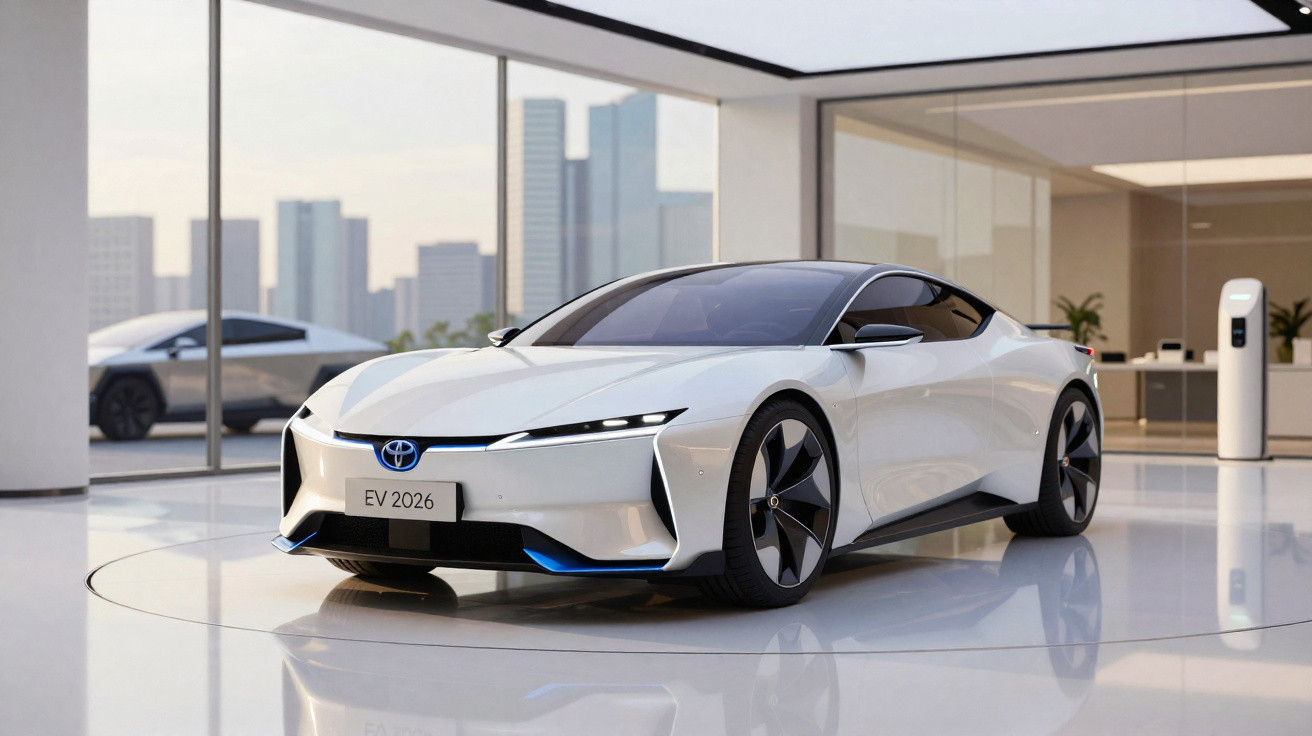 Automóvel elétrico desportivo branco Toyota EV 2026 em showroom moderno com janelas panorâmicas.