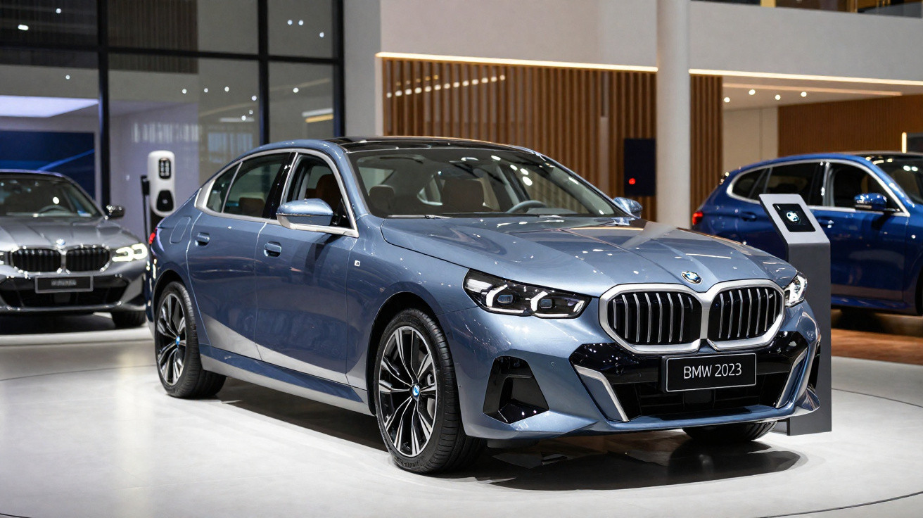 Carro BMW azul 2023 exibido num showroom com detalhes modernos e iluminação ambiente.