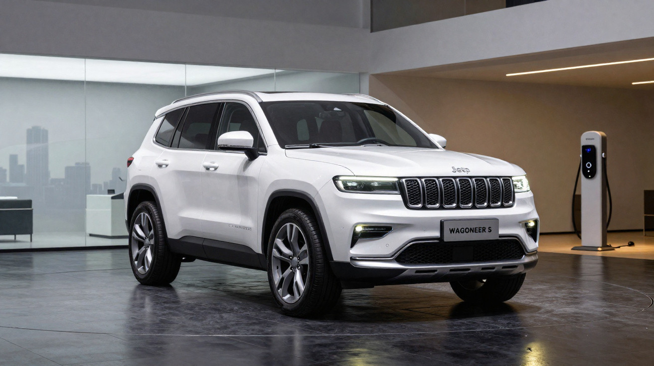 SUV branco Jeep Wagoneers estacionado interiormente junto a um posto de carregamento elétrico.