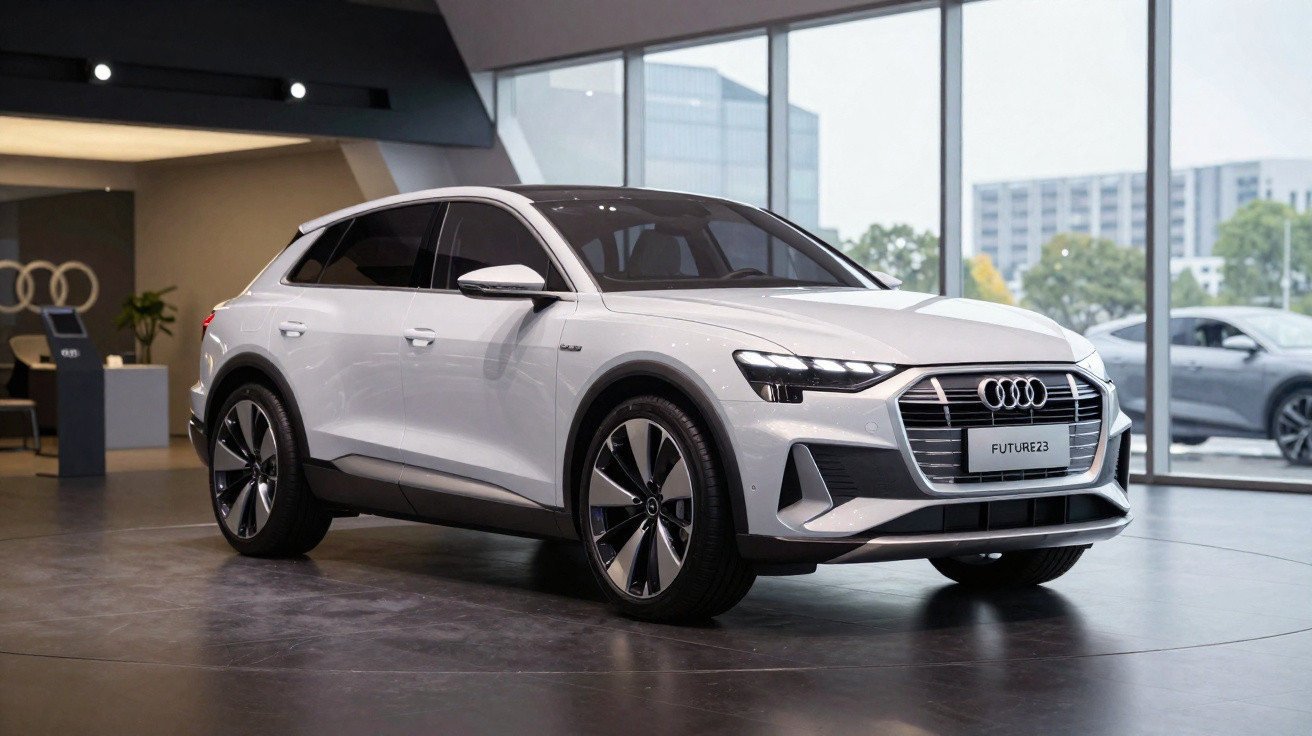 Carro Audi Q4 e-tron branco exposto numa sala de exposição moderna, com janelas grandes e luz natural.