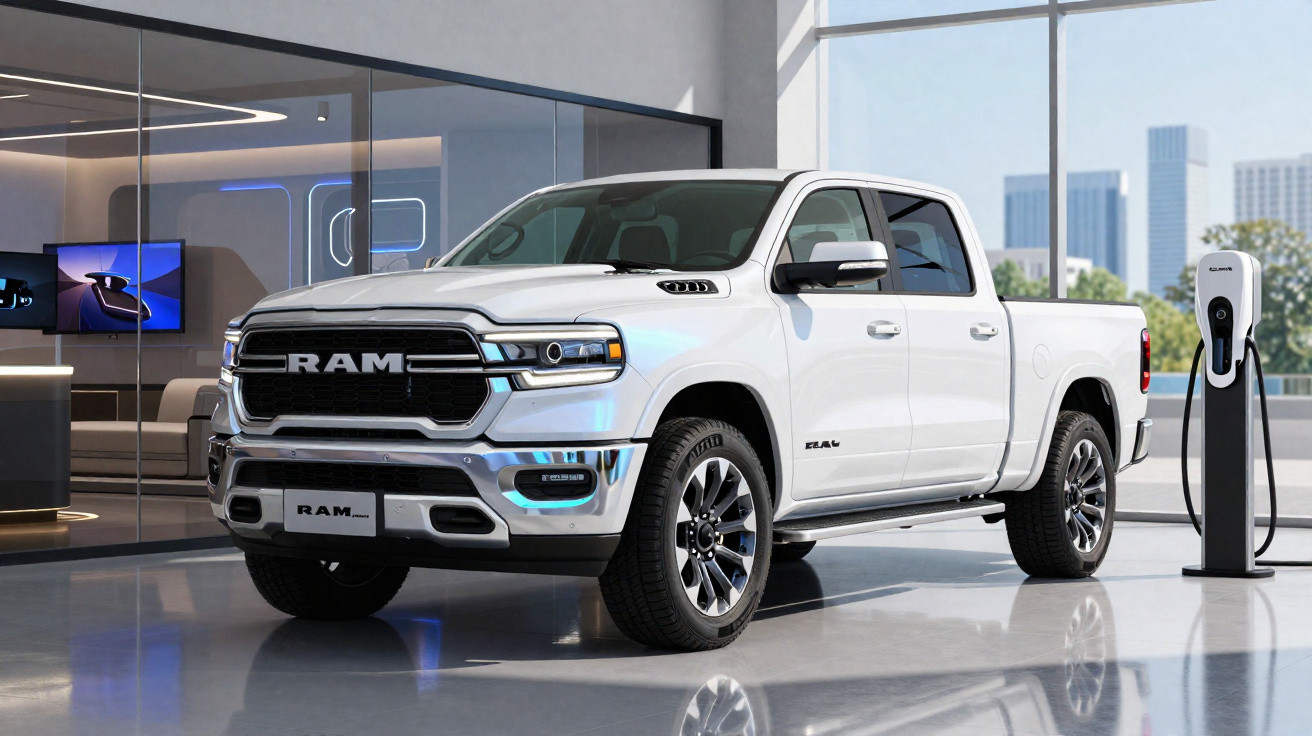 Pick-up branca RAM 1500 REV elétrica em exposição dentro de uma loja moderna com posto de carregamento.