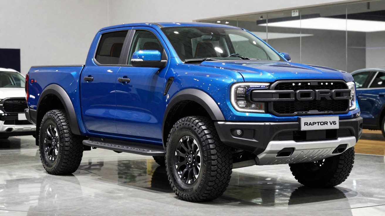 Pickup azul Ford Raptor V6 estacionada em espaço interior moderno com piso cinzento.