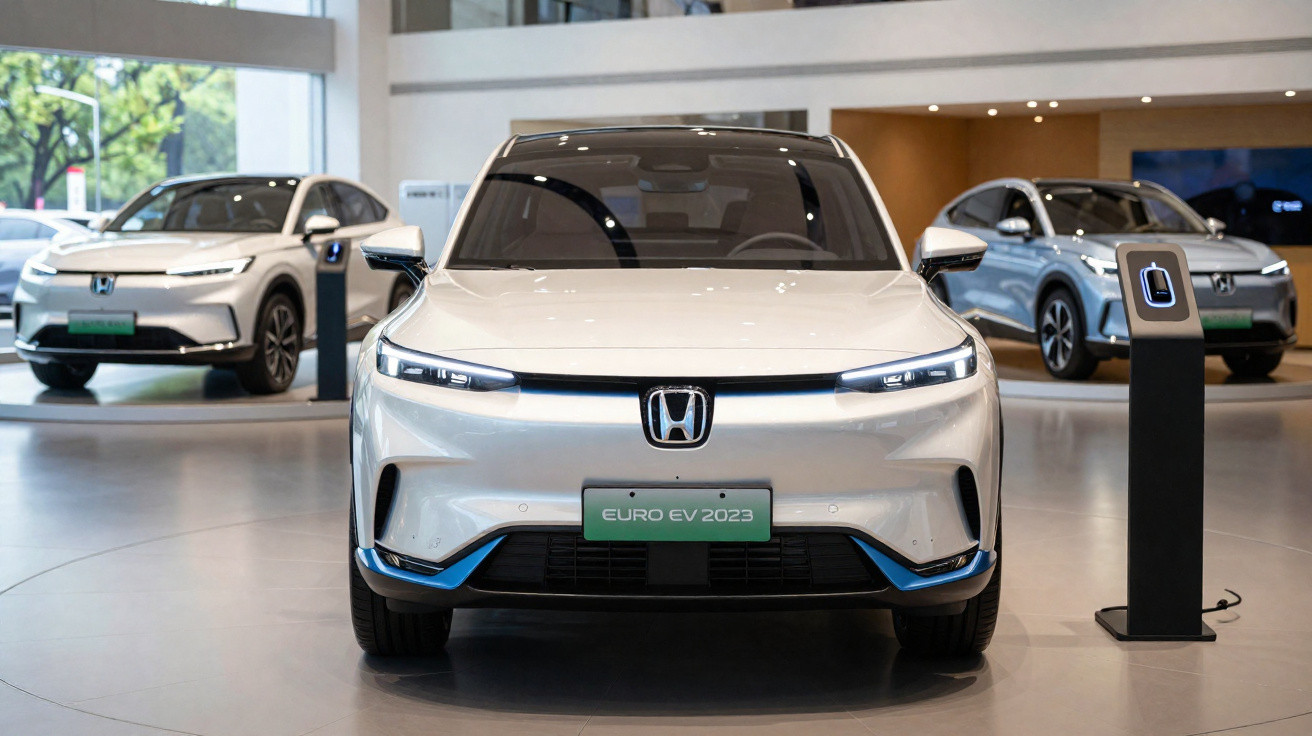 Carro elétrico branco Honda a carregar numa estação de carregamento numa exposição automóvel.