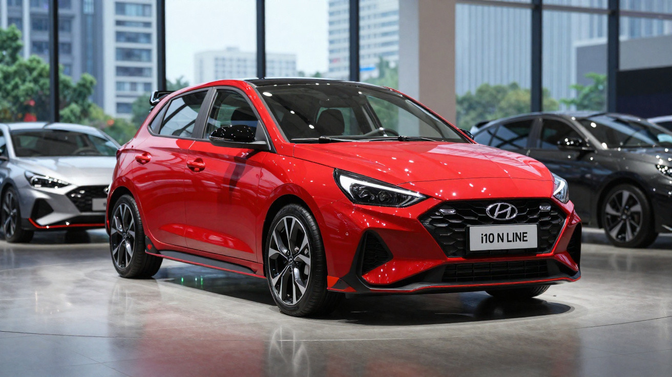 Carro Hyundai i10 vermelho brilhante estacionado em showroom moderno, com edifícios ao fundo.
