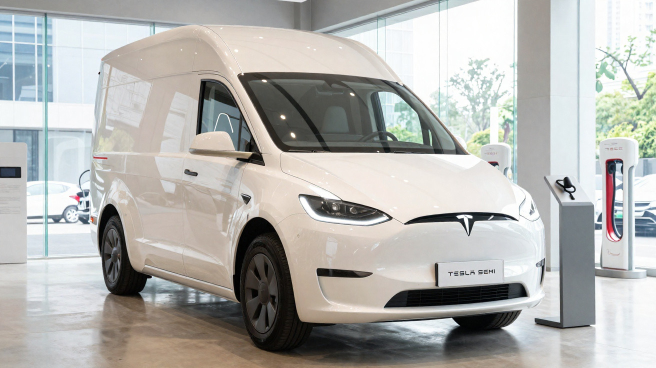 Furgão elétrico branco Tesla Semi estacionado dentro de showroom moderno com carregadores ao fundo.