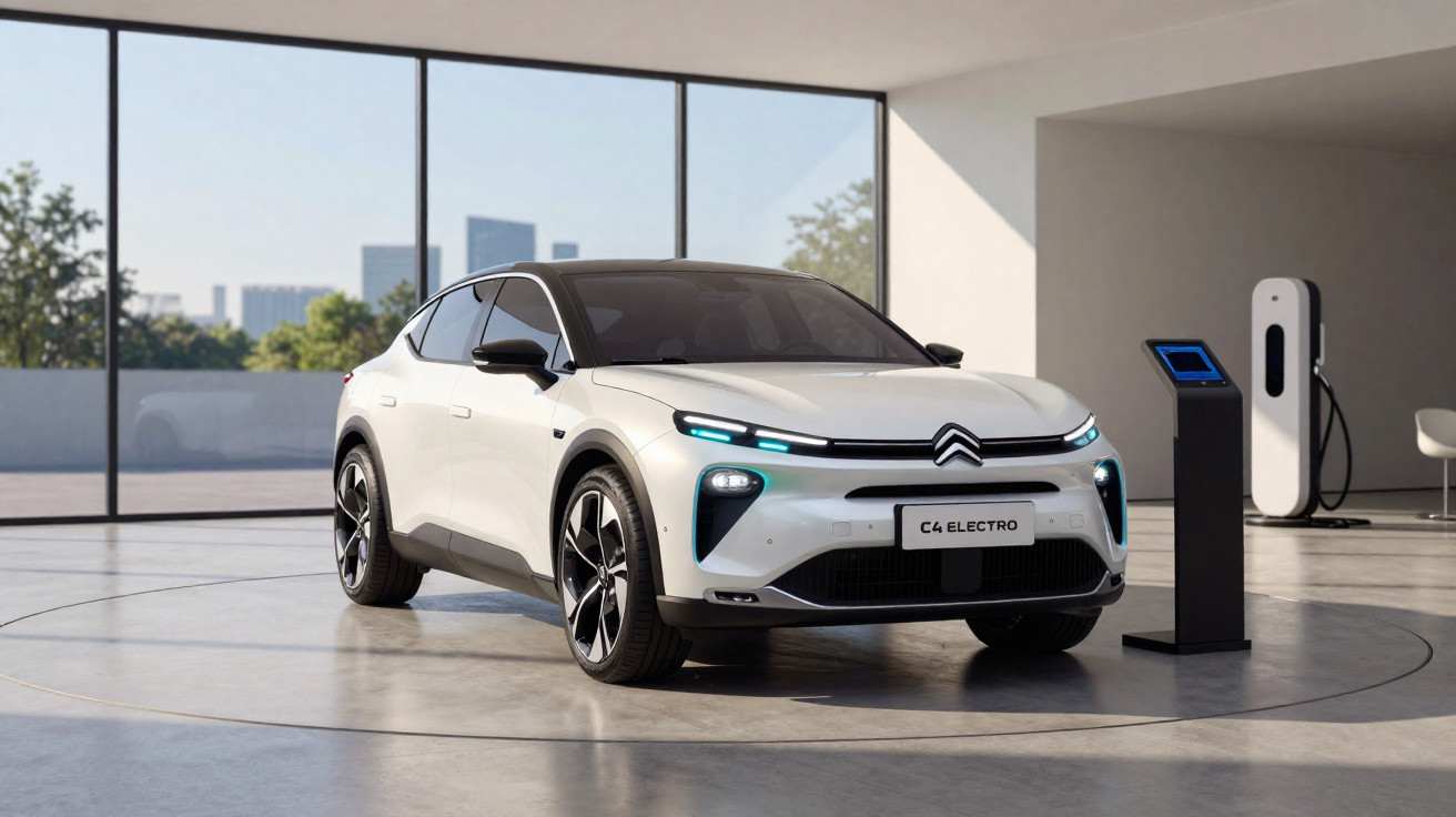 Carro elétrico Citroën C4 Electro branco estacionado num espaço moderno com janelas amplas.