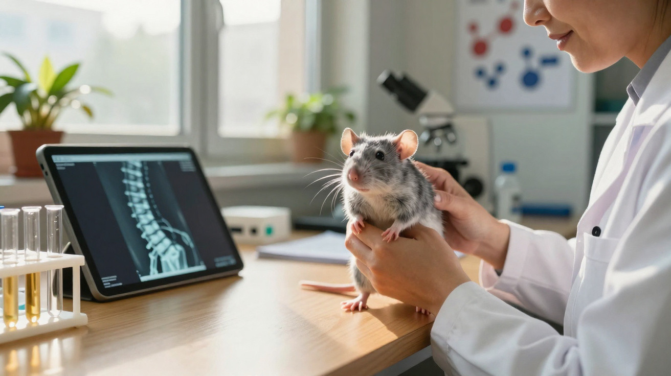 Investigadora segura um rato cinzento em laboratório com imagem de raio-X de coluna vertebral no ecrã.