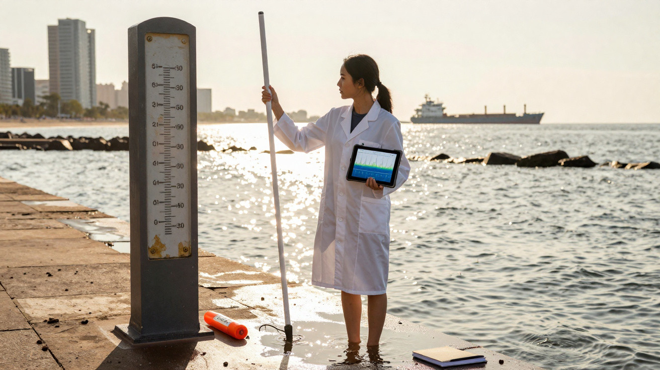 Mulher cientista em bata branca mede a temperatura da água junto ao mar com medidor e tablet.