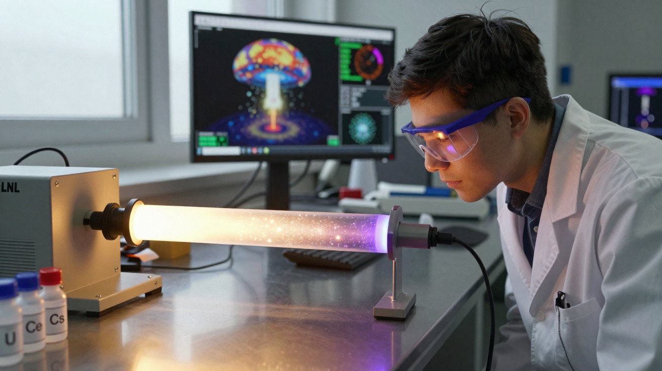 Cientista com bata e óculos de proteção observa tubo luminoso em laboratório com monitor de dados atrás.