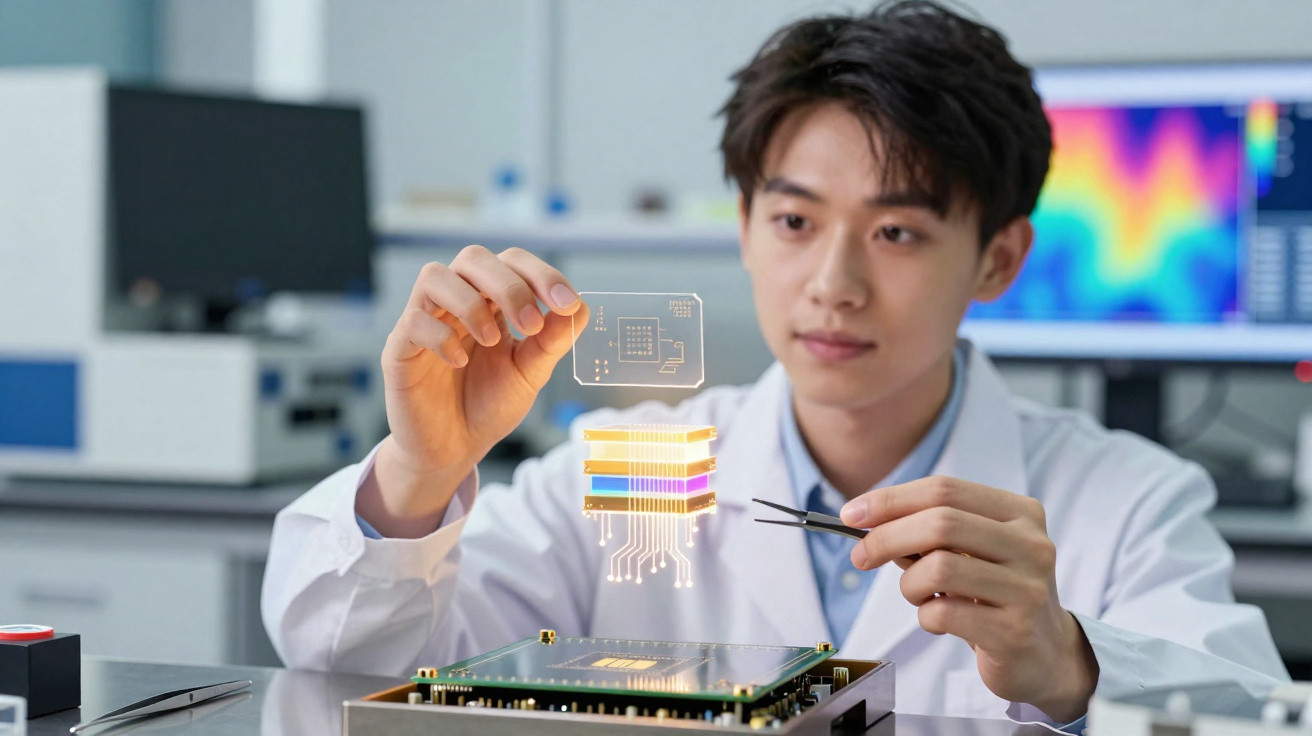 Cientista de cabelo escuro a trabalhar com chip holográfico numa bancada de laboratório tecnológico.