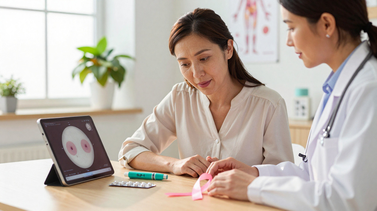 Mulher a receber aconselhamento médico sobre prevenção do cancro da mama com fita cor-de-rosa e visualização em tablet.