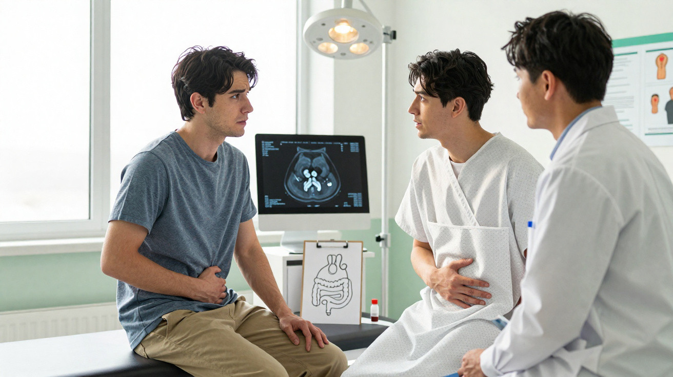 Homem com dor abdominal consulta médico num consultório com imagem de TAC no ecrã ao fundo.