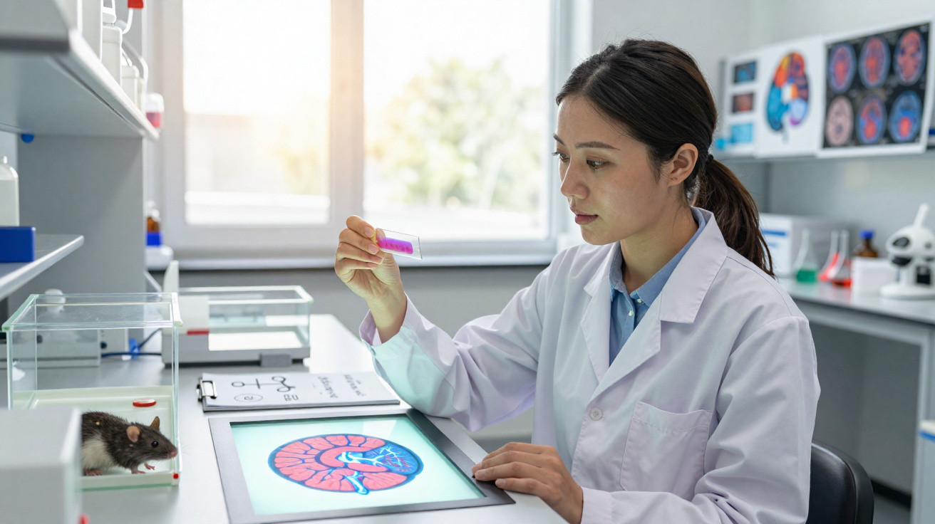 Cientista em laboratório analisa amostra cor de rosa com rato e imagem de rim em mesa iluminada.