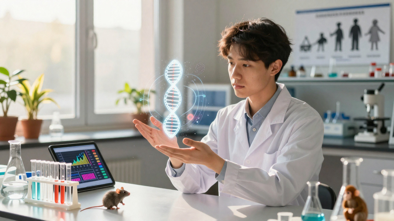 Cientista em laboratório com bata branca observa holograma de dupla hélice de ADN sobre a mesa com rato.