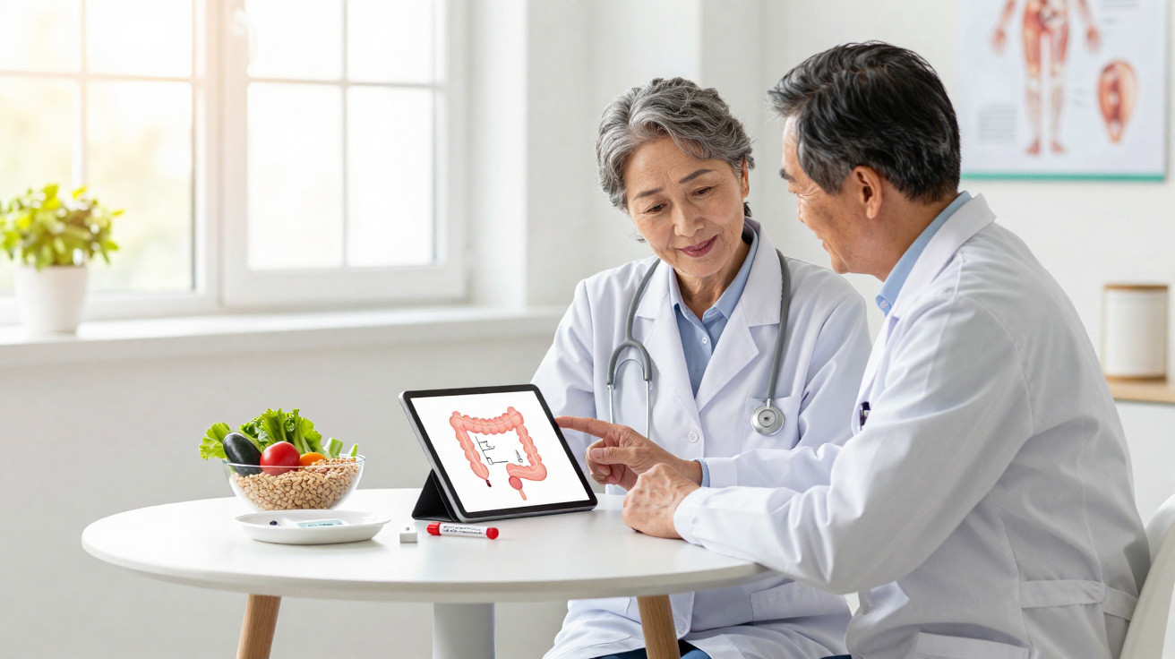 Dois médicos em bata branca discutem imagem de intestino grosso apresentada num tablet numa sala de consultório.