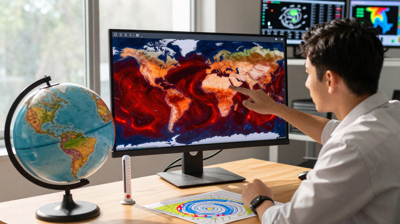 Homem a apontar num mapa mundial digital com globos terrestres e gráficos científicos numa mesa.