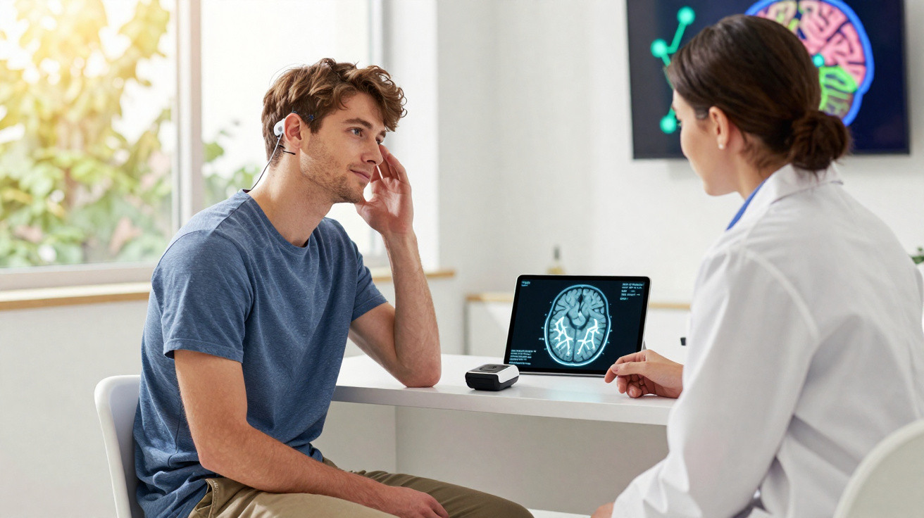 Paciente com implante coclear consulta neurologista que mostra exame cerebral num tablet.
