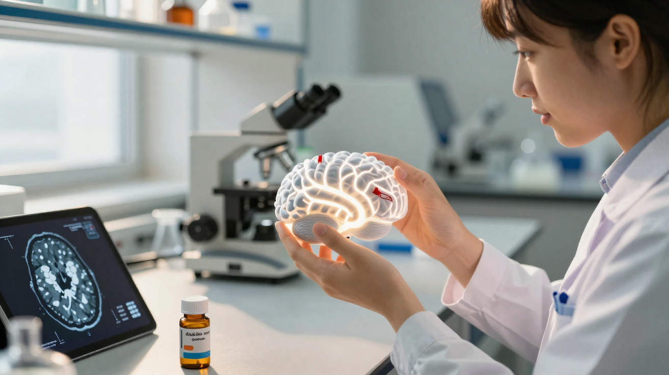 Cientista em laboratório a analisar modelo iluminado de cérebro com exames cerebrais num tablet.
