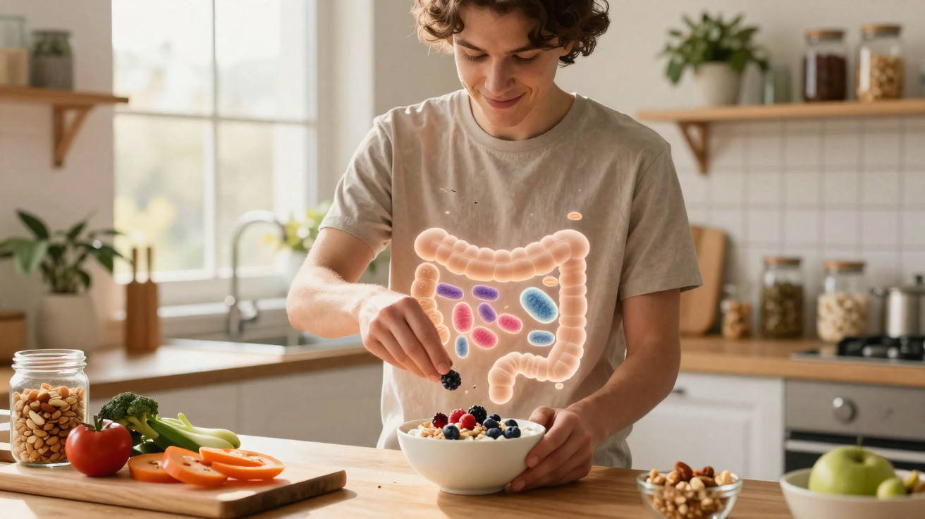 Jovem a preparar refeição saudável com ilustração do intestino e microbiota no corpo.