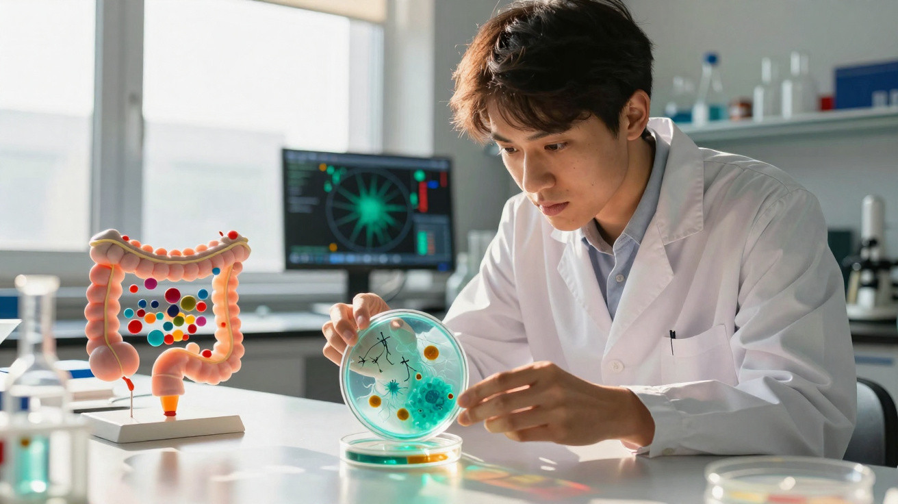Cientista em laboratório a analisar cultura em placa de Petri com modelo do intestino ao fundo.