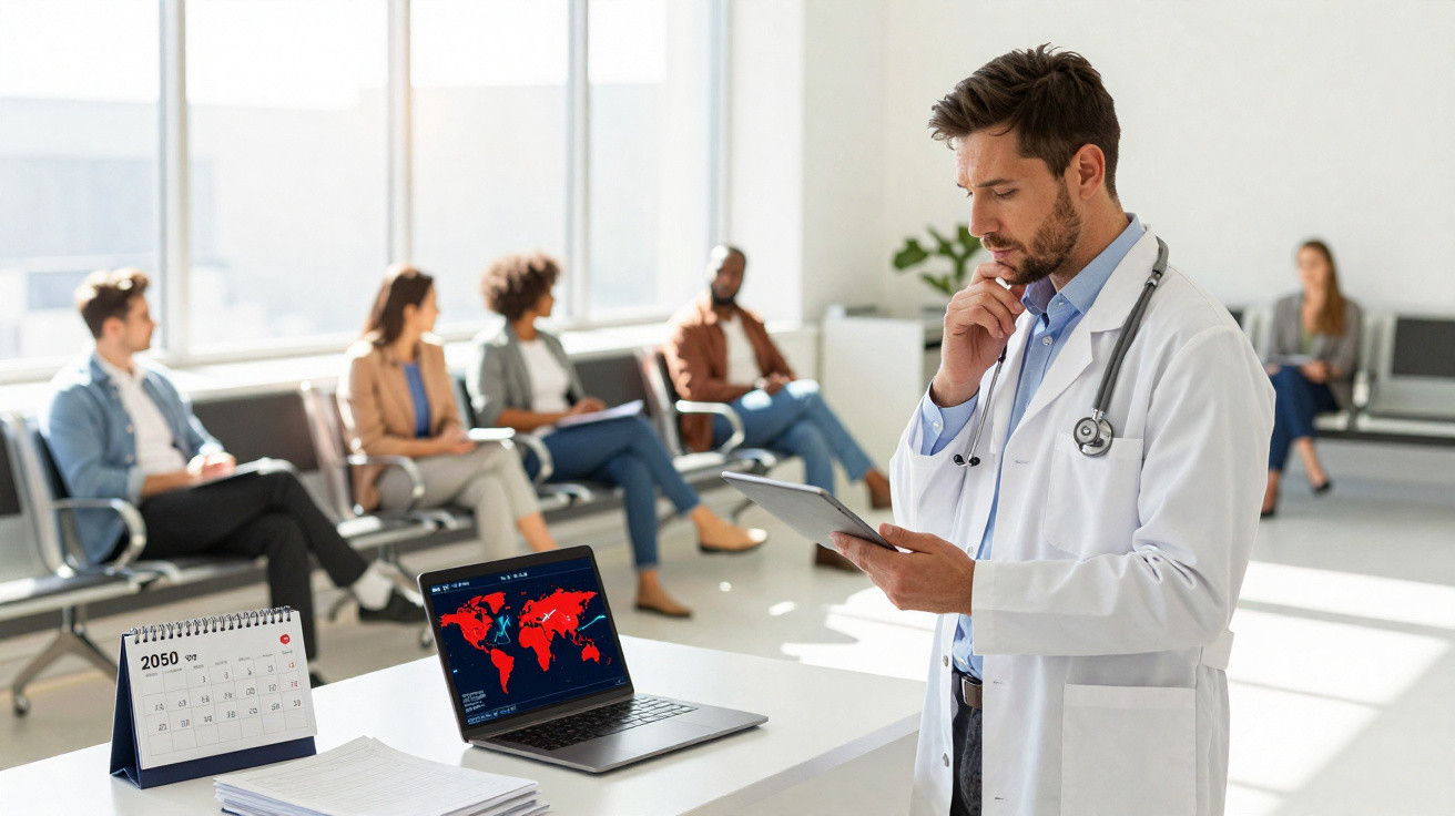 Médico a analisar dados em tablet com laptop e calendários, pessoas sentadas numa sala de espera ao fundo.