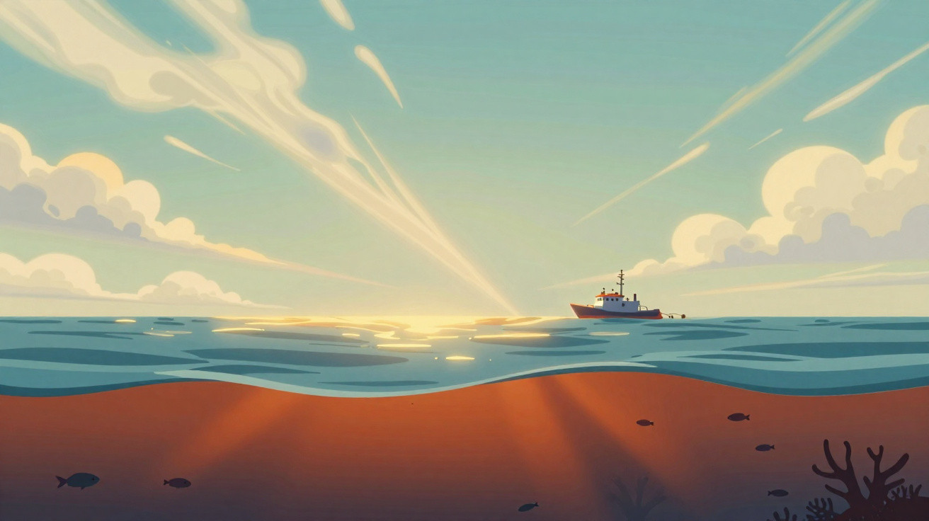 Ilustração de mar ao pôr do sol com barco à superfície e peixes e coral no fundo do mar.