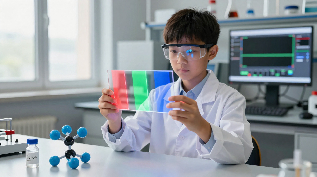 Criança com bata branca e óculos de proteção segura painel transparente com cores num laboratório.