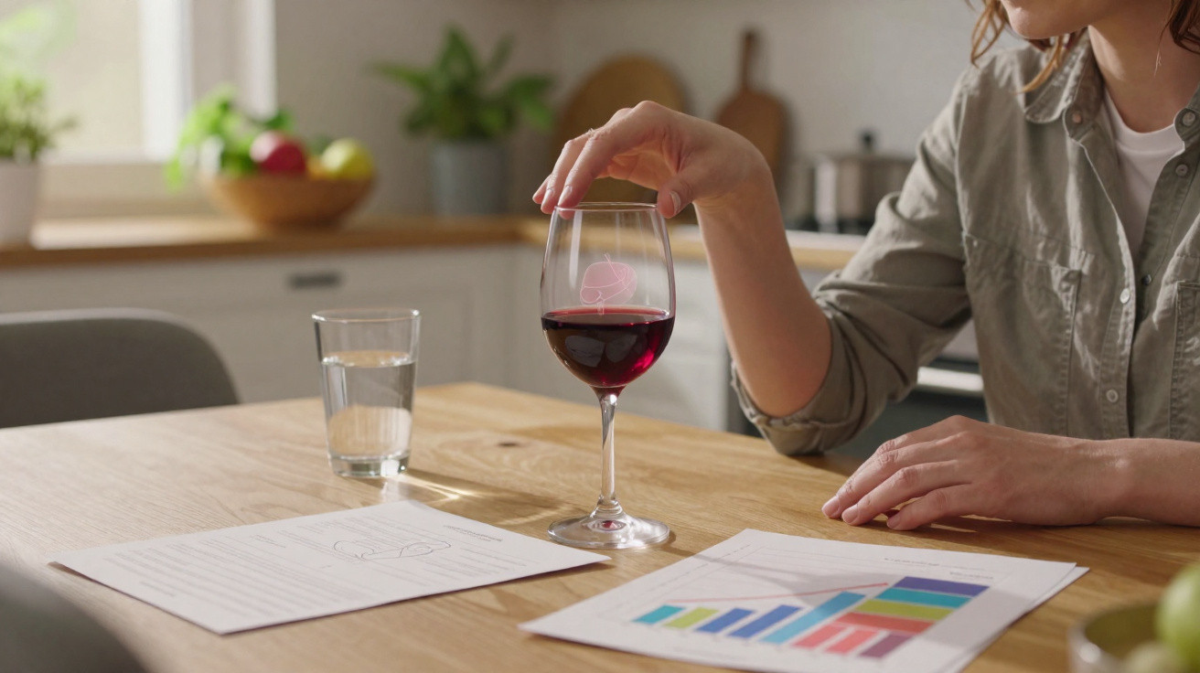 Pessoa a segurar uma taça de vinho tinto numa mesa com documentos e um copo de água numa cozinha.