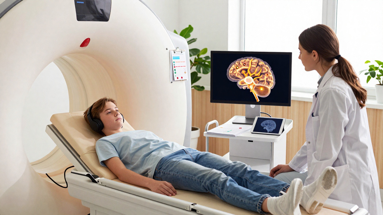 Jovem a realizar exame de ressonância magnética cerebral, acompanhado por médica, com imagens de cérebro no ecrã.