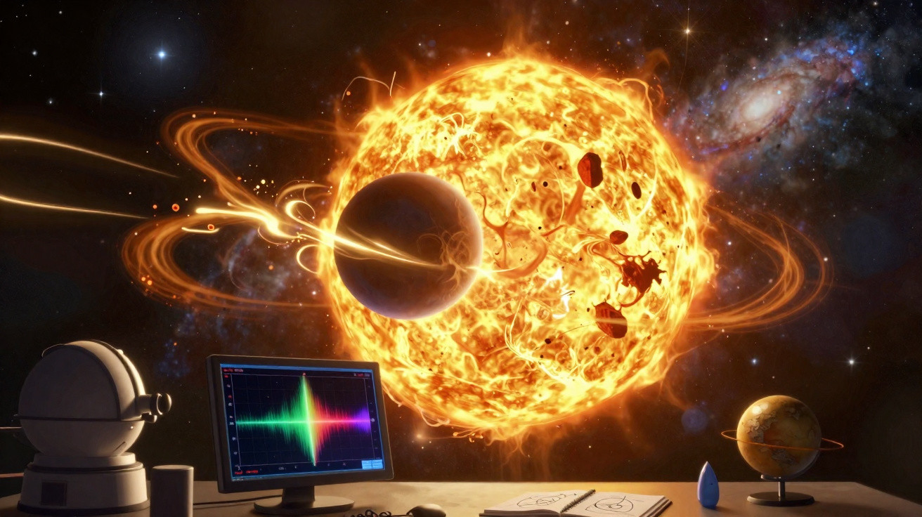 Computador e instrumentos científicos observam explosão solar com planeta e destroços no espaço sideral.