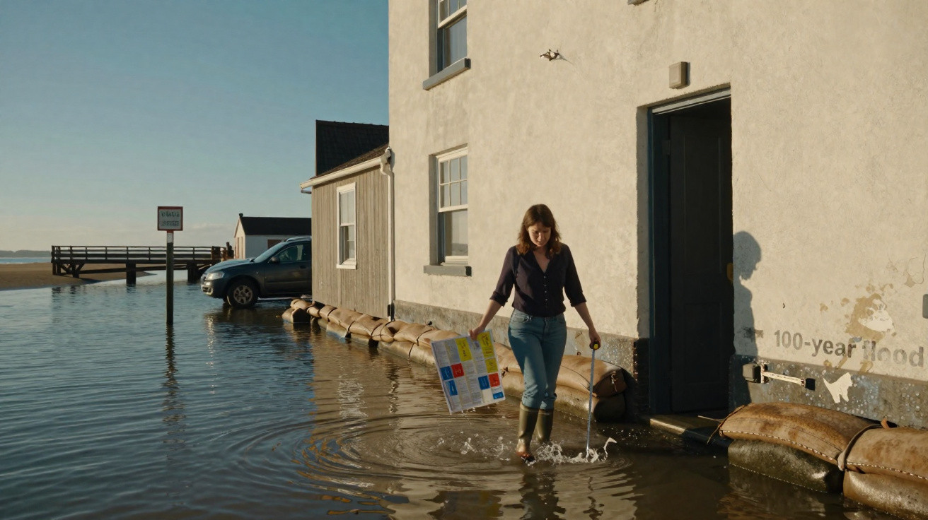 Mulher com botas de água caminha num passeio inundado junto a uma casa com sacos de areia na base da parede.