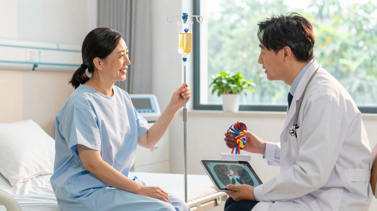 Médico explica a paciente sobre rins usando modelo e imagem durante consulta num quarto de hospital.
