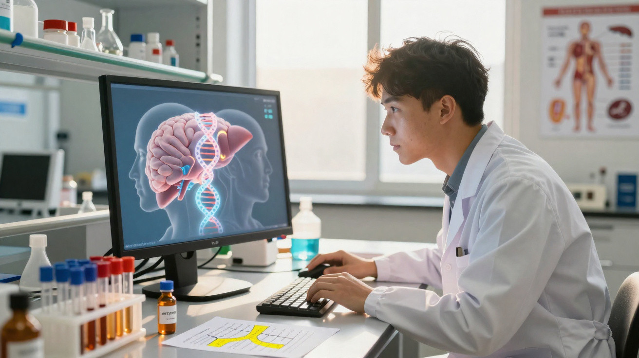 Cientista em bata branca analisa genoma e cérebro num ecrã num laboratório moderno.