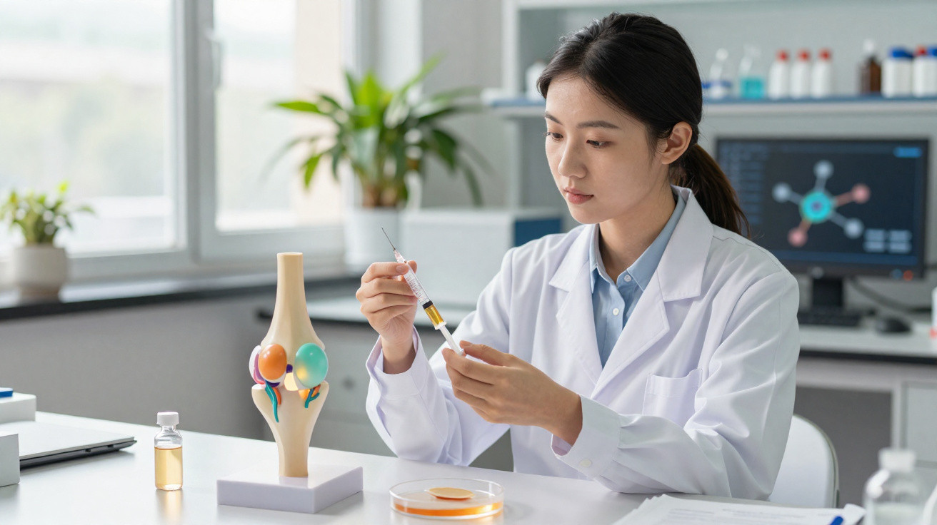 Cientista a preparar seringa em laboratório com modelo anatómico de articulação e placa de Petri.