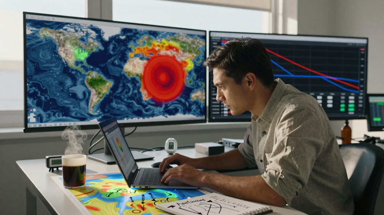 Homem a analisar dados de sismos em laptop, com mapas e gráficos em monitores no escritório.