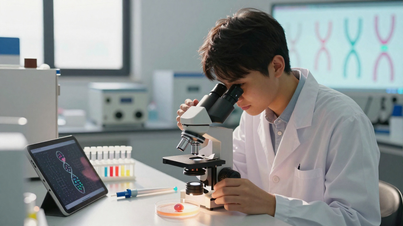 Cientista a observar amostra no microscópio num laboratório com imagens de ADN ao fundo e tablet na mesa.