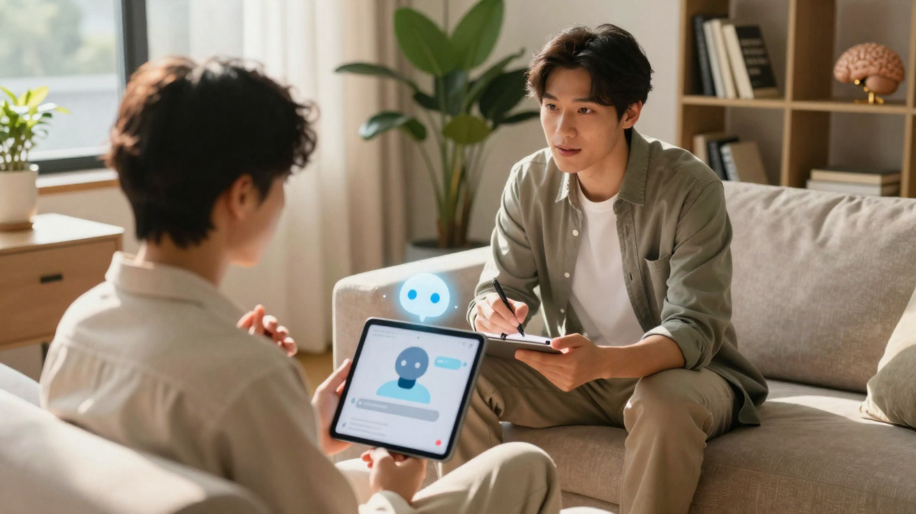 Duas pessoas em conversa, uma segura um tablet com chatbot e a outra toma notas num bloco.