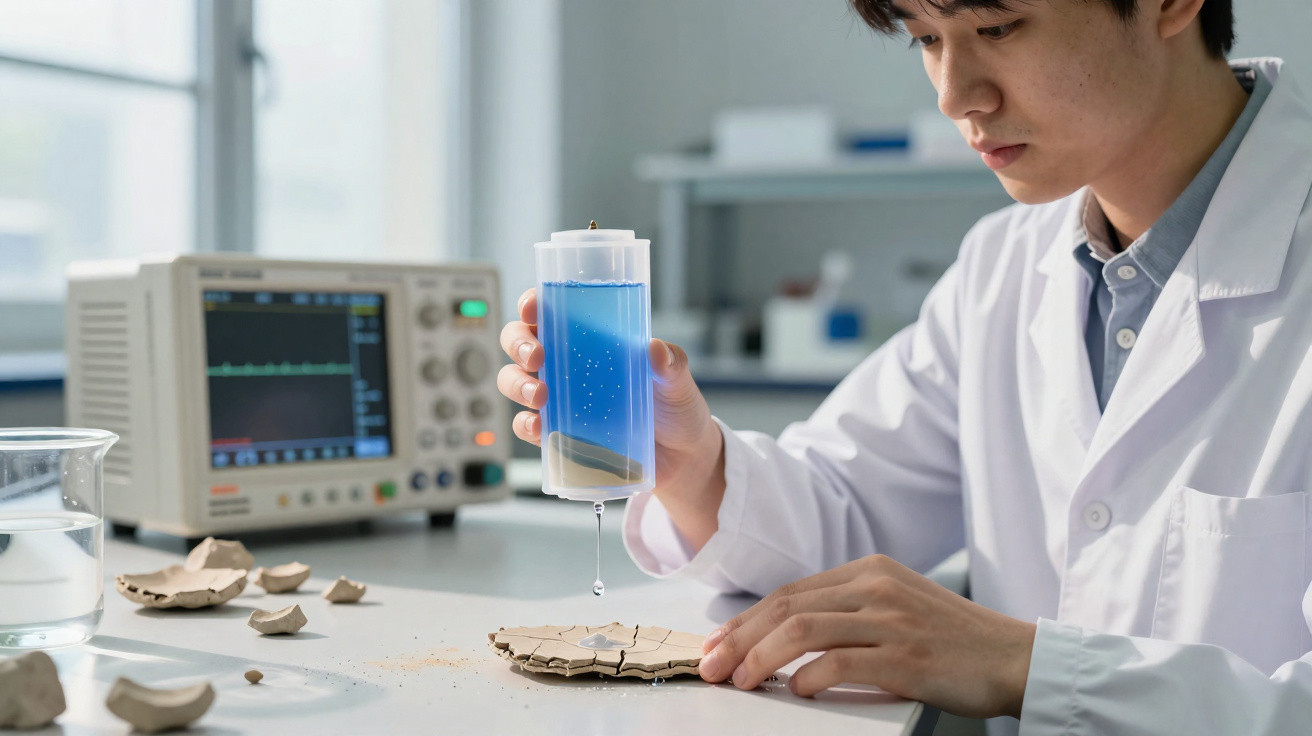 Cientista analisa recipiente com líquido azul em laboratório, com equipamentos e fragmentos ao fundo.
