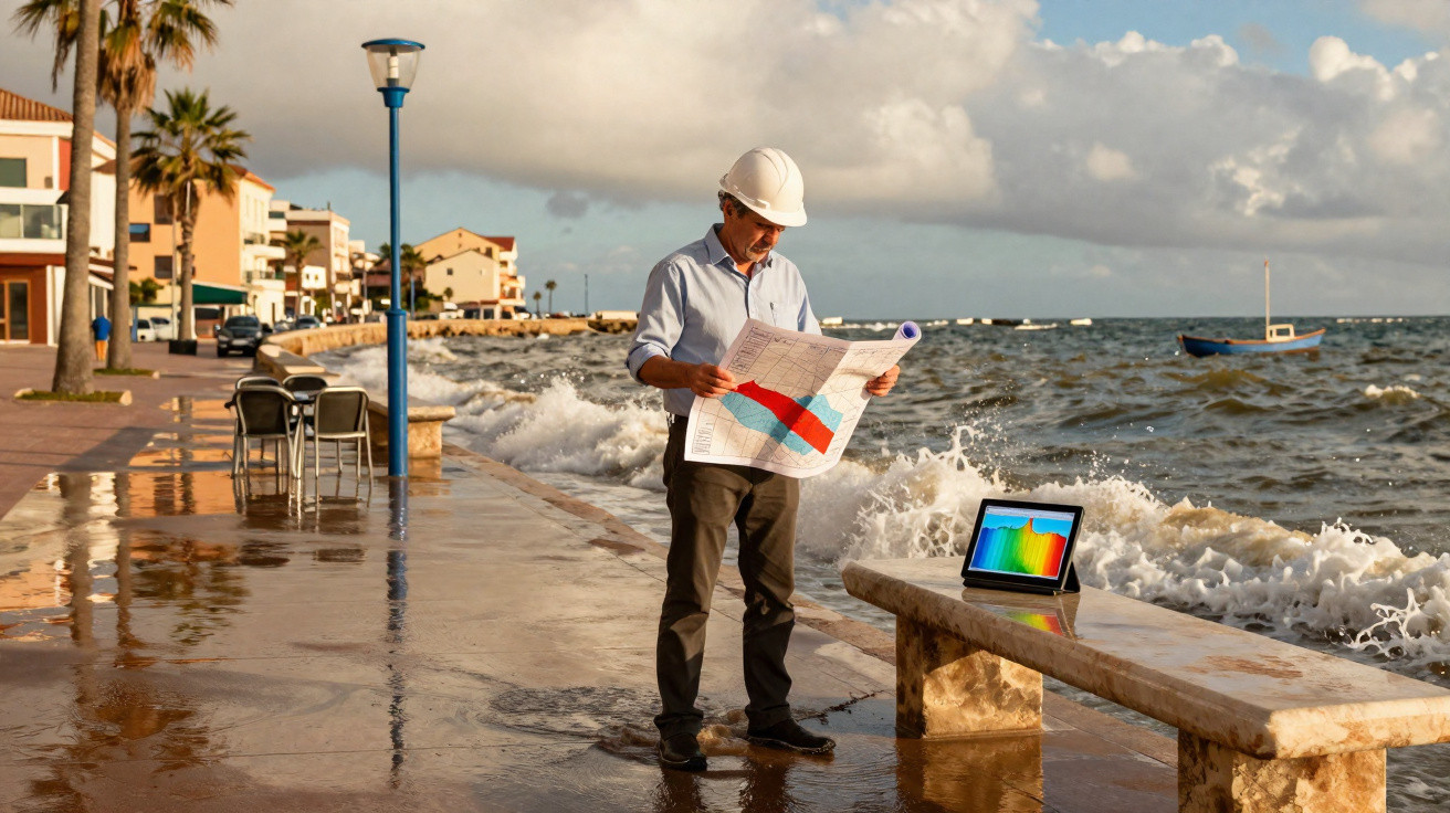 Engenheiro com capacete a analisar planta junto ao mar, com ondas a embater no paredão e um tablet sobre banco.