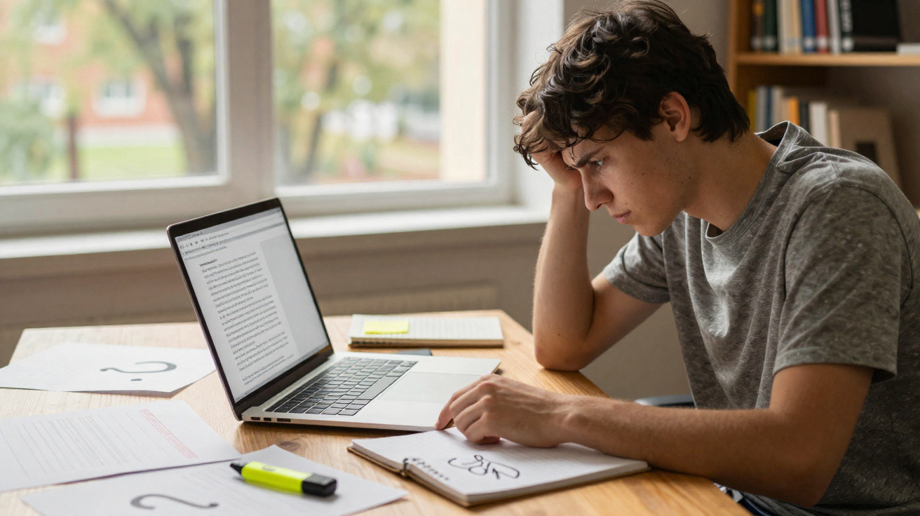 Jovem sentado a estudar numa mesa com computador portátil, caderno e papéis com pontos de interrogação.