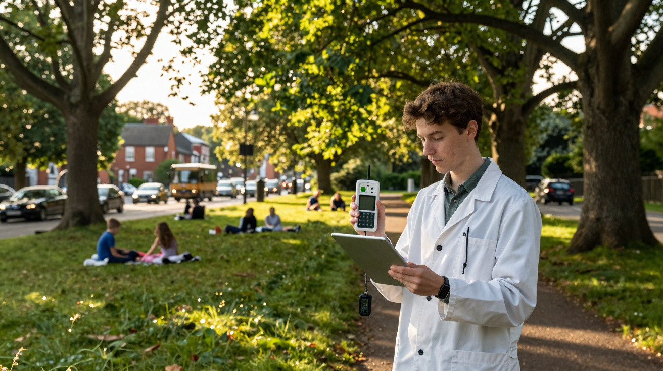 Jovem cientista em bata branca usa tablet e dispositivo para medir dados ao ar livre num parque urbano com árvores.